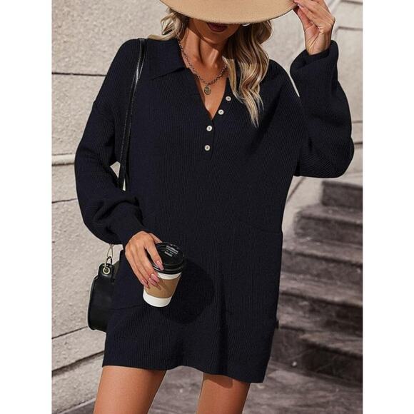 Deepself Women's Soft Lapel Ribbed Knitted Tunic Mini Dress Size XL Black NWT - Picture 3 of 9